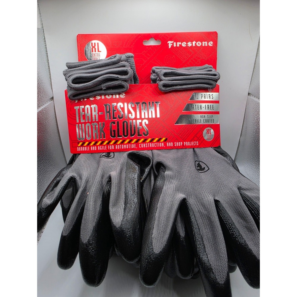 Firestone 10 Pairs Tear-Resistant Work Gloves XL Nitrile Coated Non-Slip Gray